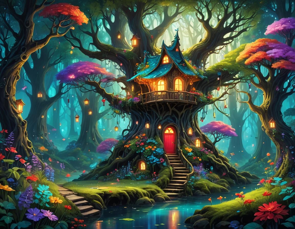 Enchanted Forest: Fairytale Treehouse in Bioluminescent Ligh...
