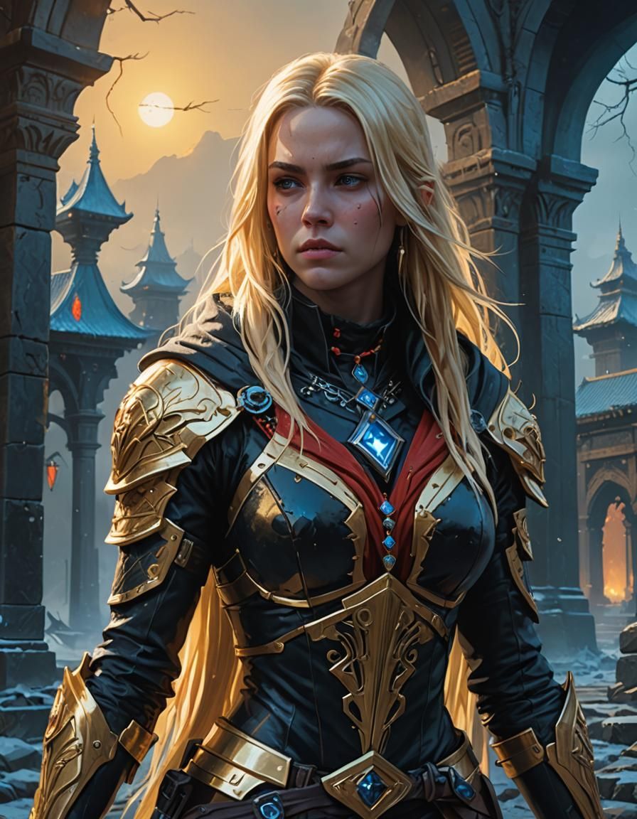 Fantasy Assassin in Stone Temple: Detailed Matte Painting