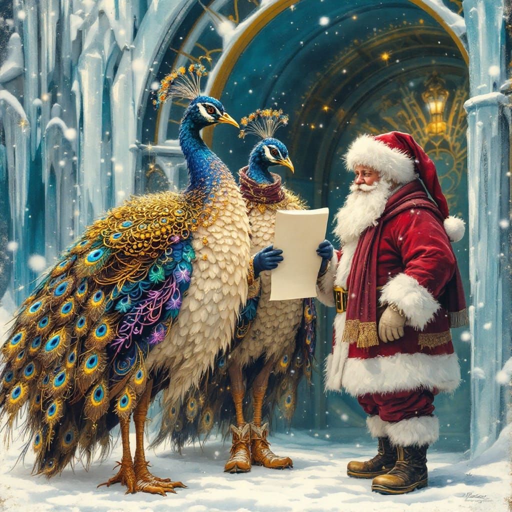 Regal Peacocks in Iridescent Plumeage with Art Nouveau Elega...