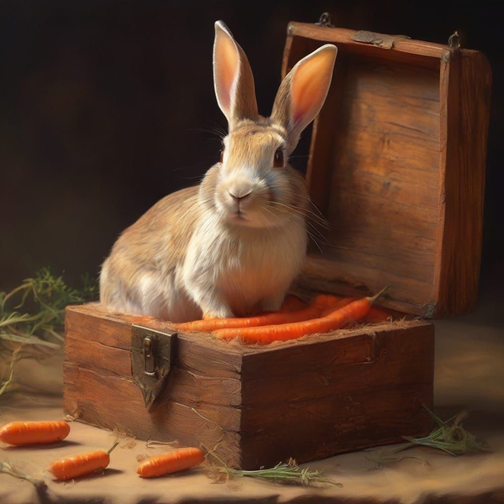 Rabbit Finds Carrot Treasure: Surreal Oil Painting