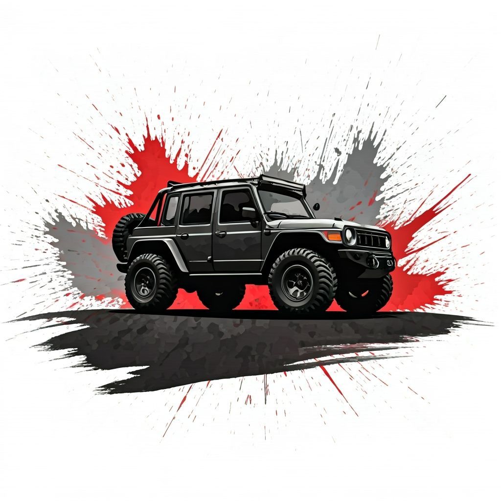 Off-Road Vehicle in Desert: Abstract Ink Splatter Painting