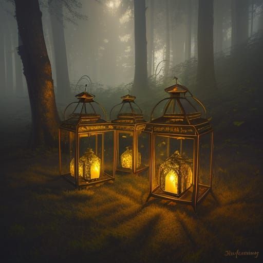 Glowing Lanterns in Misty Forest: Digital Art