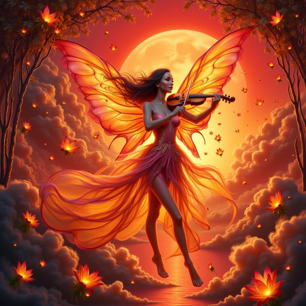 Ethereal Fairy Plays Violin Under Vibrant Sunset Sky