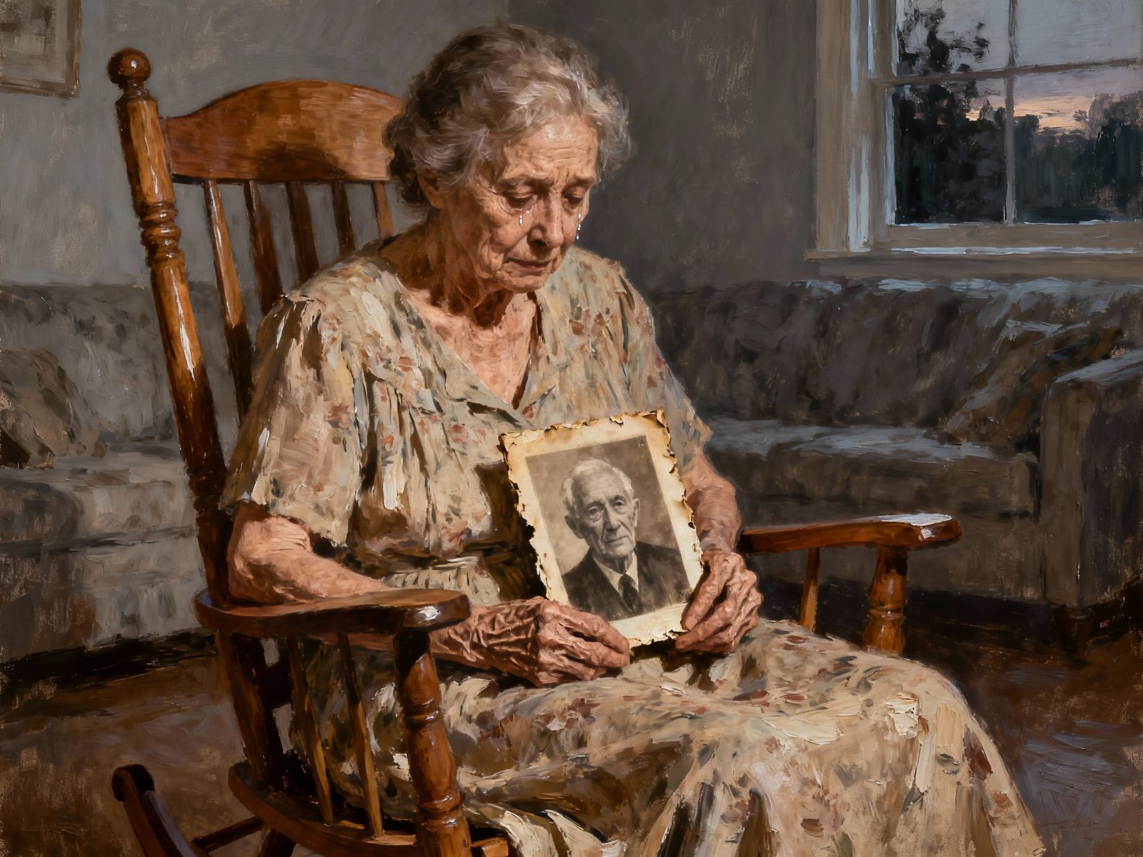 Impasto Painting of Elderly Woman Remembering Husband