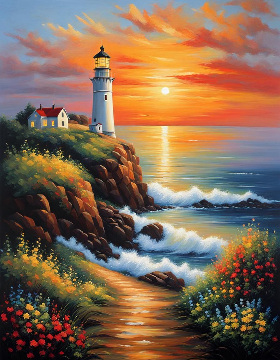 Sunset Lighthouse Oil Painting on Coastal Bluff