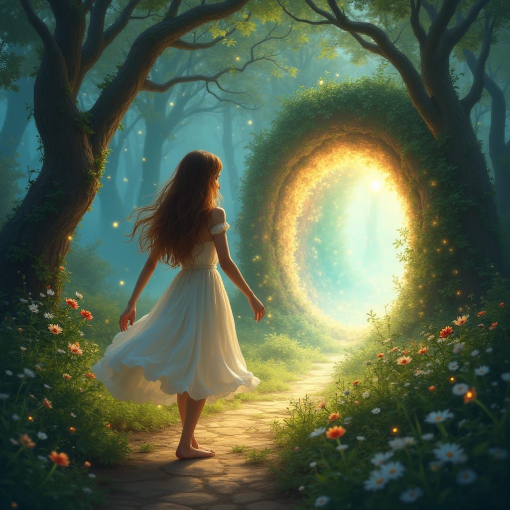 Woman Approaches Magical Portal in Forest, Painterly Style
