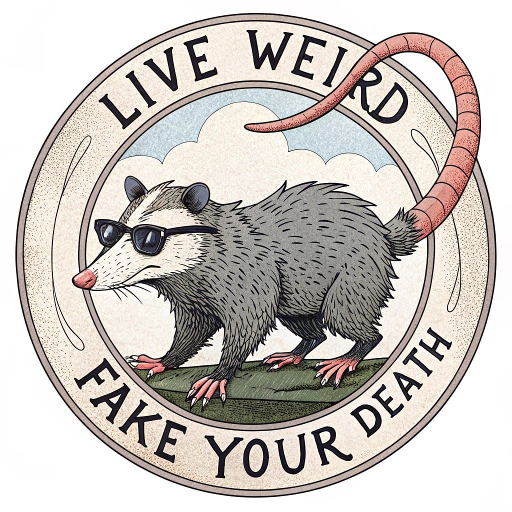 Whimsical Woodcut of an Opossum Donning Sunglasses, Embracin...