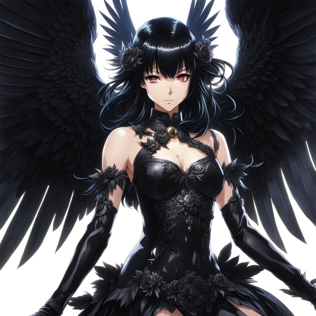 Dark Angel Girl with Black Wings and Smile