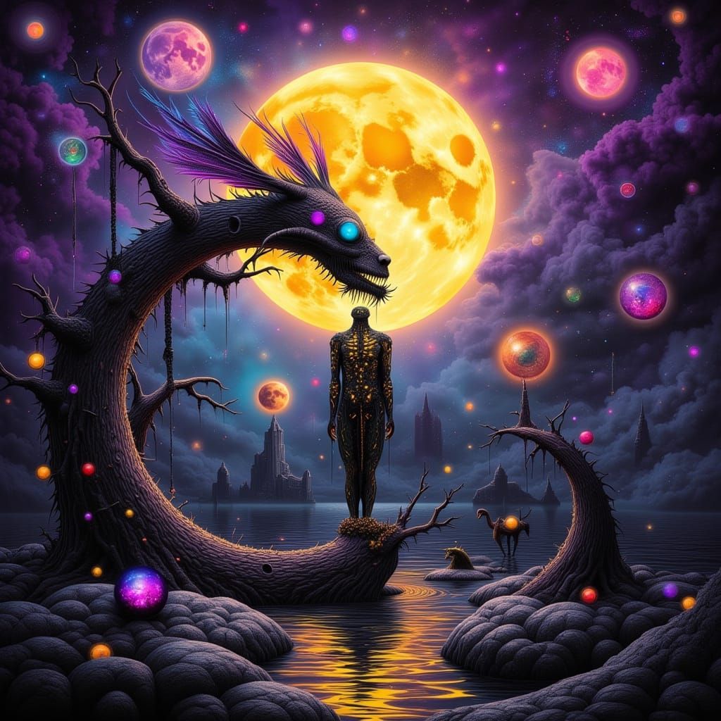 Surreal Moonlit Figures in Neon Dystopia