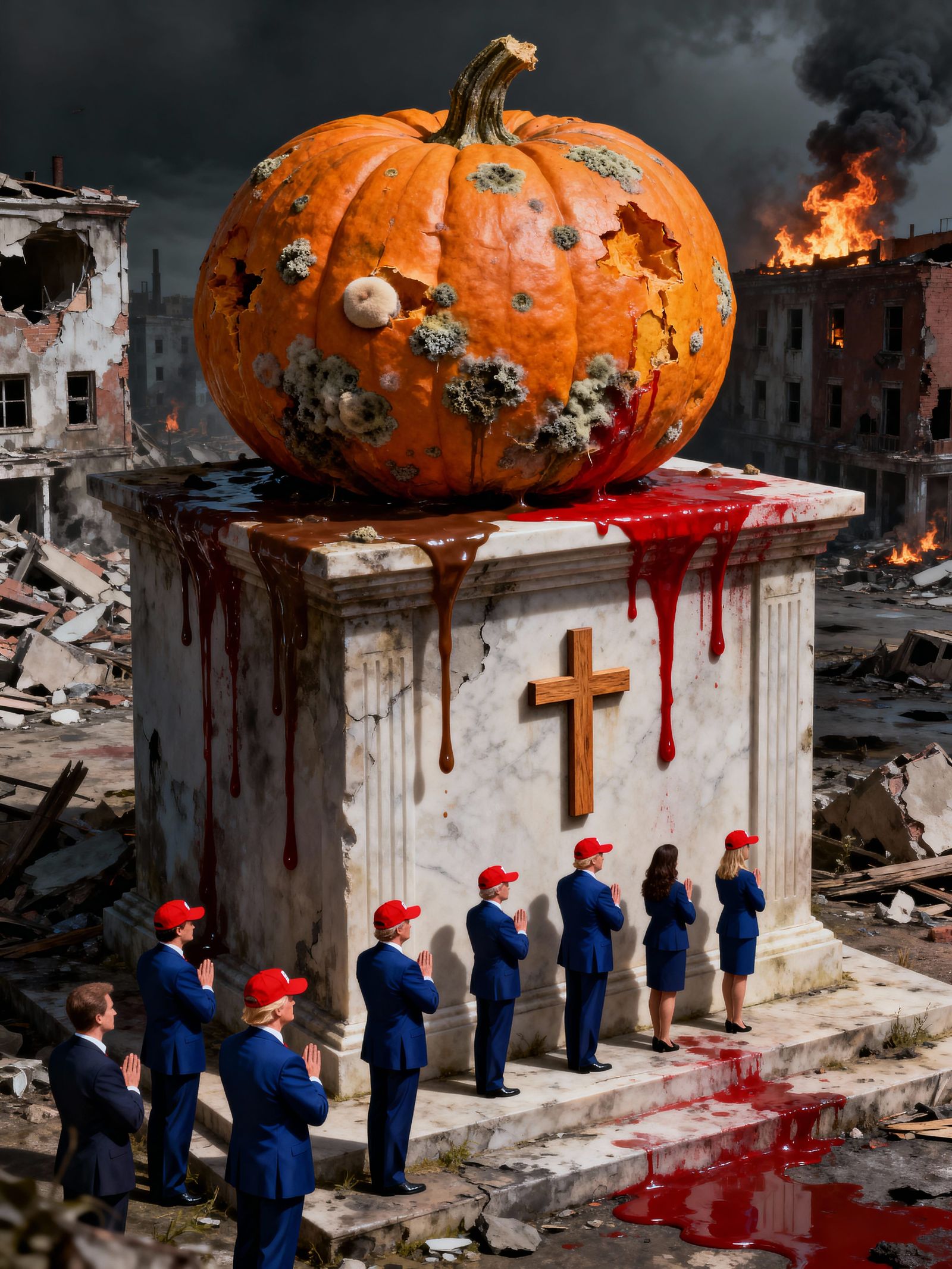 Rotting Pumpkin Trump on Alter in Post Apocalyptic City
