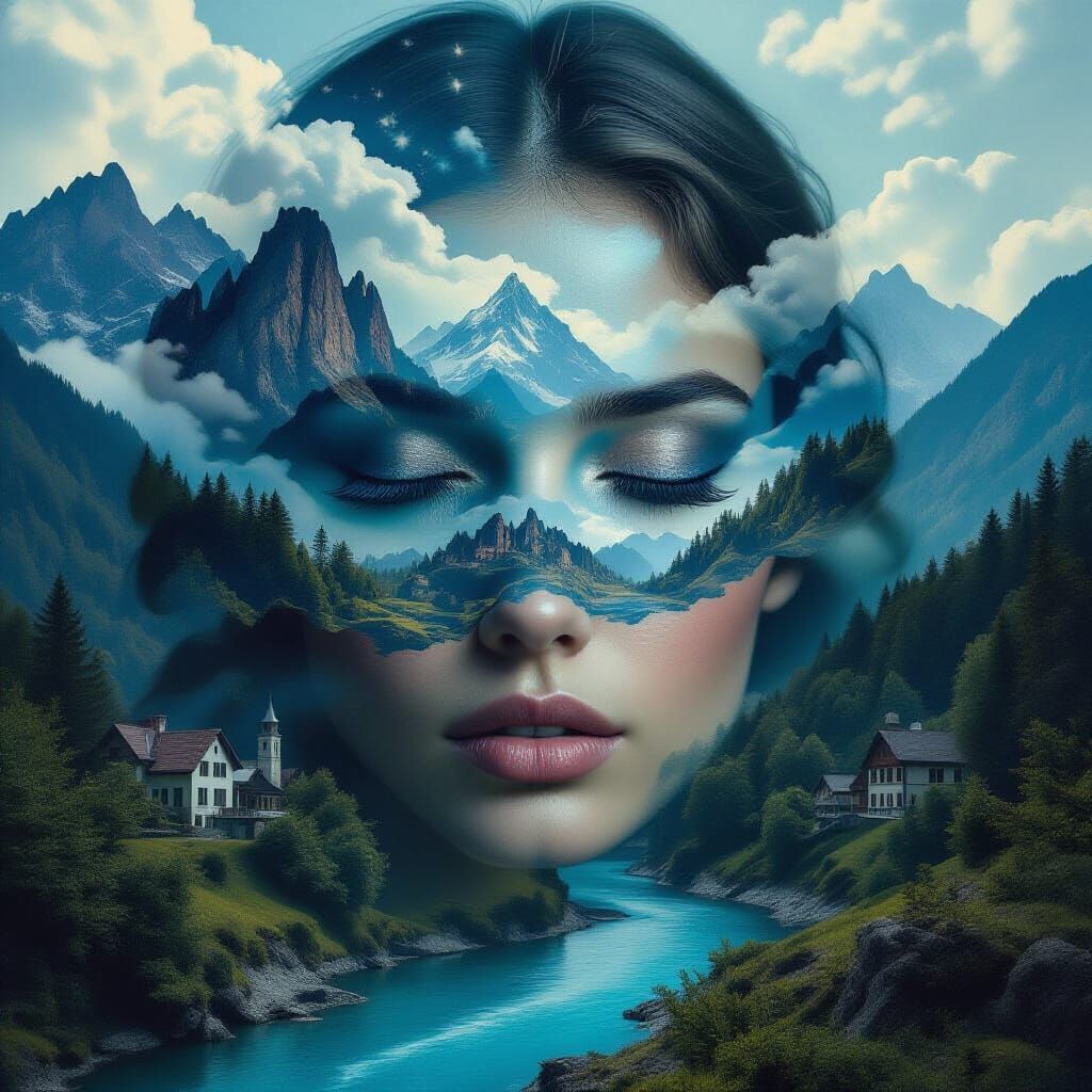 Surreal Double Exposure of Woman Merging with Landscape