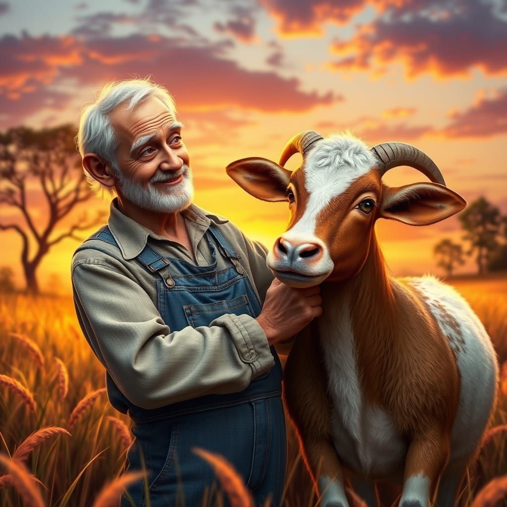 Peaceful Pixar-Inspired Sunset Scene with Gentle Old Man and...