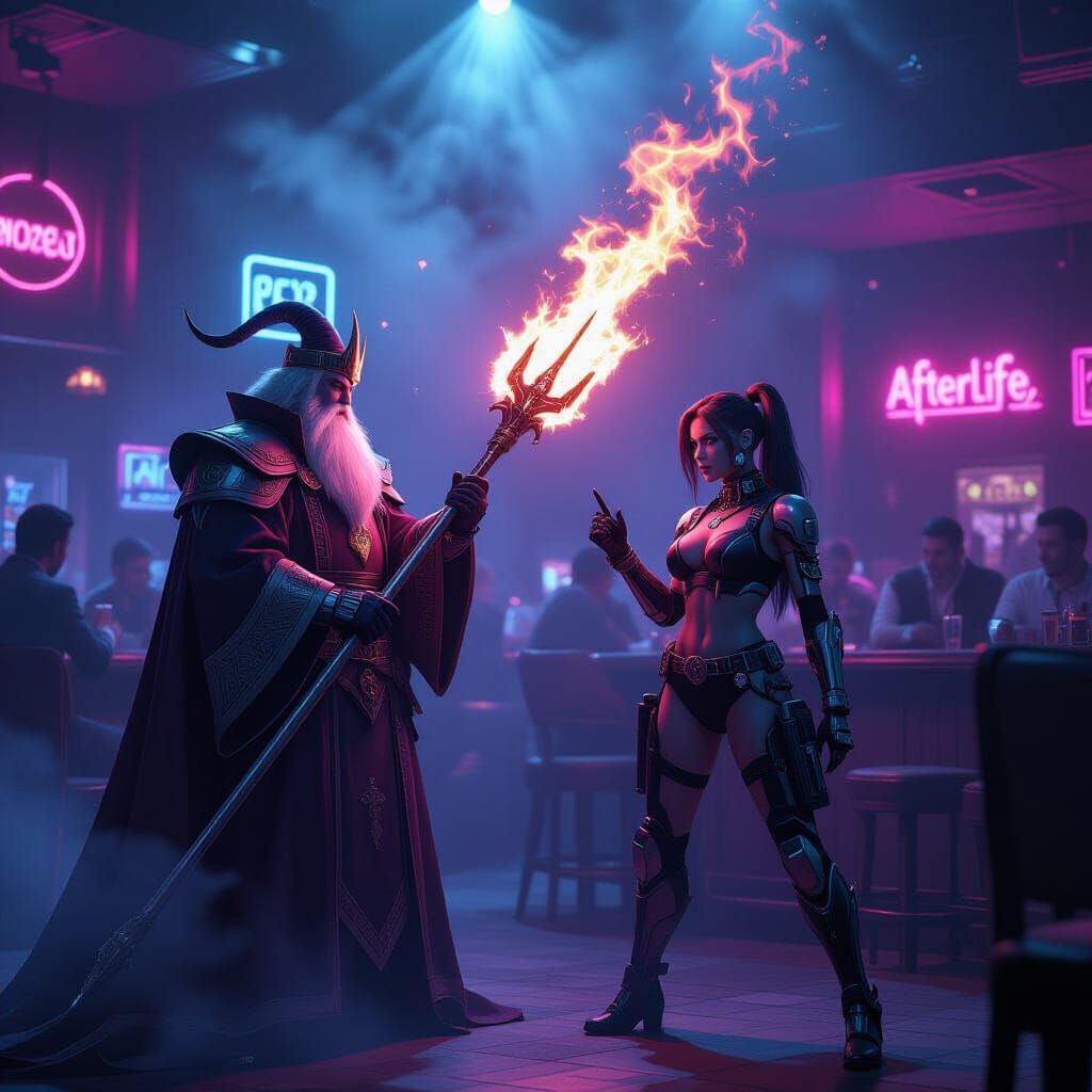 Cyberpunk Duel in Neon-Lit Nightclub, Syd Mead Style