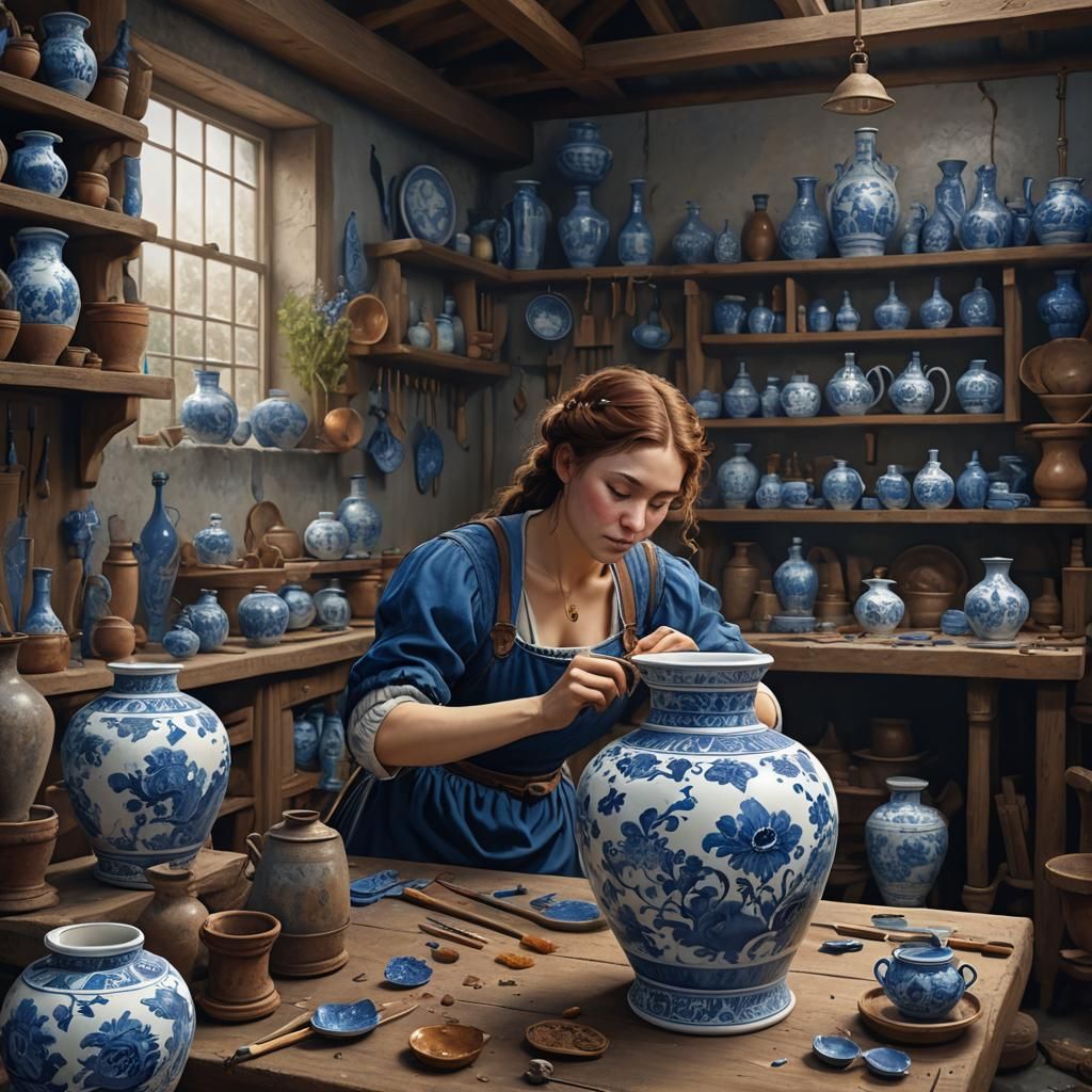 Woman Painting Delft Blue Vase: Detailed Matte Painting