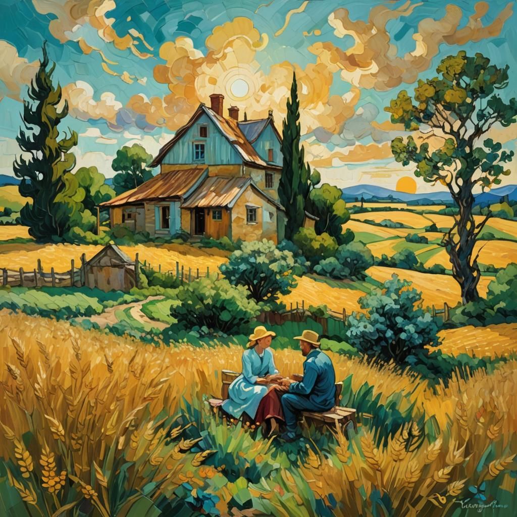 Couple in Sun-Drenched Field: Neo-Impressionist Painting