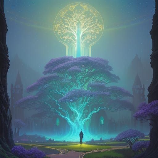 City on Ancient Trees in Art Nouveau Style