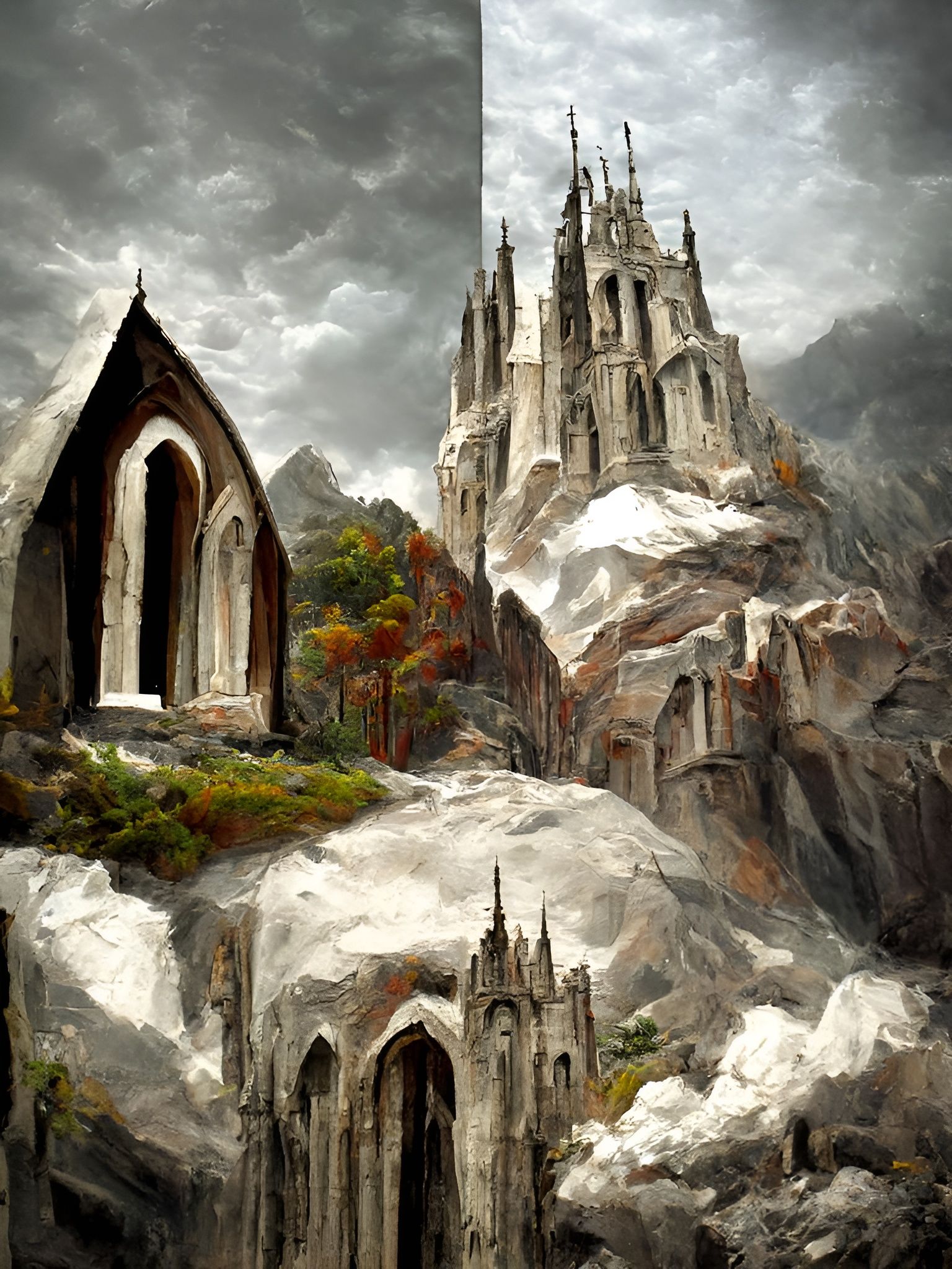 Gothic Cathedral Hewn into Mountainside, Oil Painting