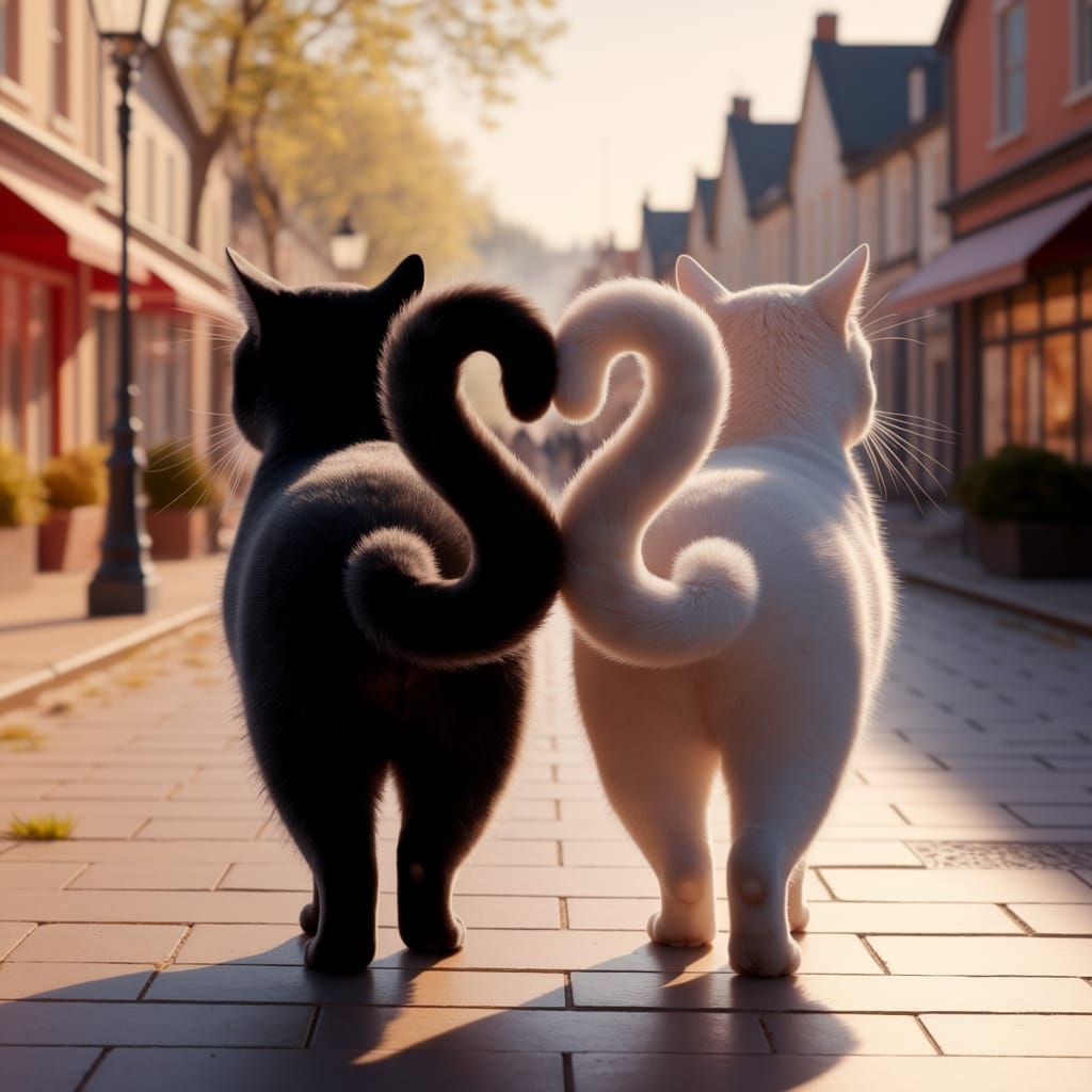 Cats Form Heart with Tails in Charming Town