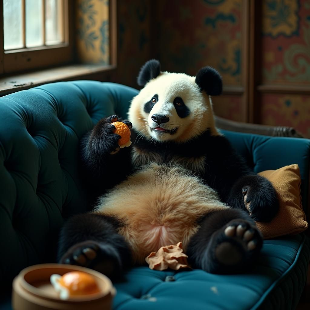 Panda on Blue Couch: Cinematic Film Still