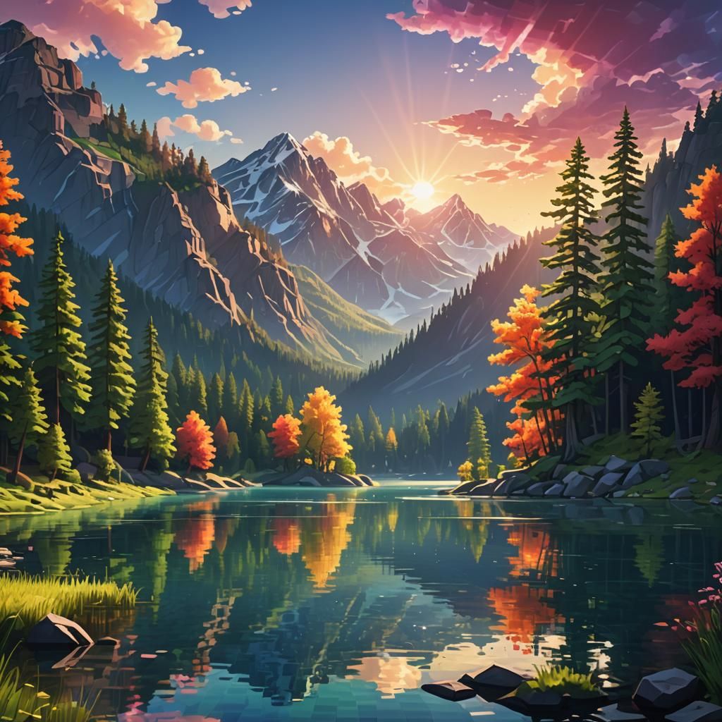 Pixelated Lake Landscape in Vibrant 3D Digital Art
