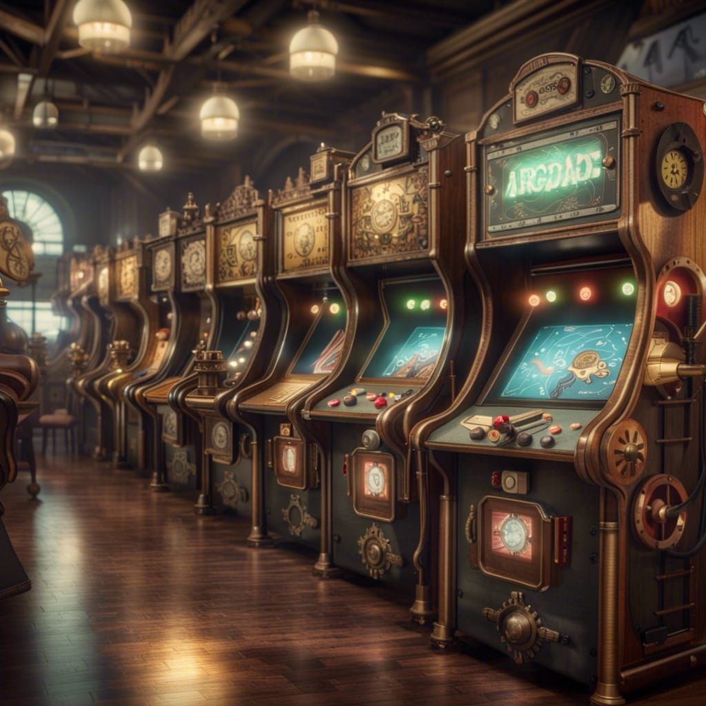 Steampunk Robots in a Surreal Vintage Arcade