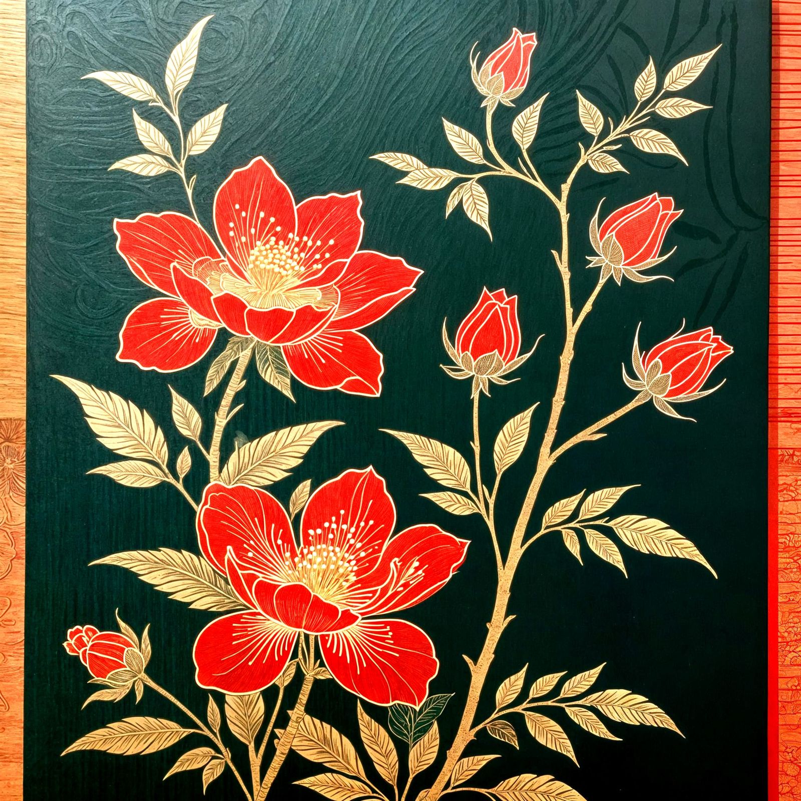 Red Camellias in Japanese Woodblock Print Style