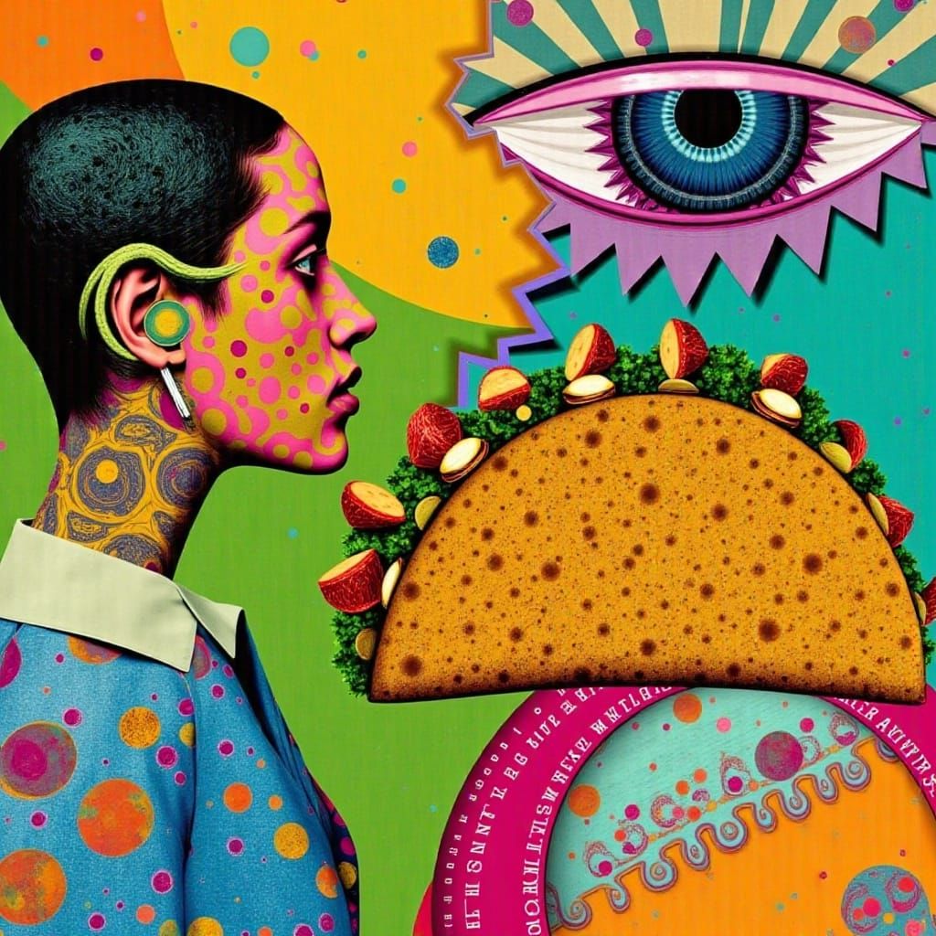 Surreal Woman Gazes at Giant Taco in Abstract Fast Food Art