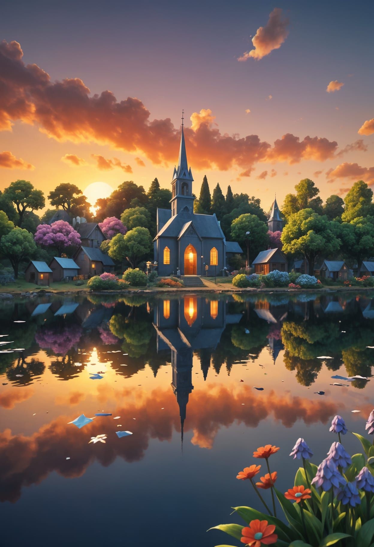 Origami Paper Art Village with Church and Flowers