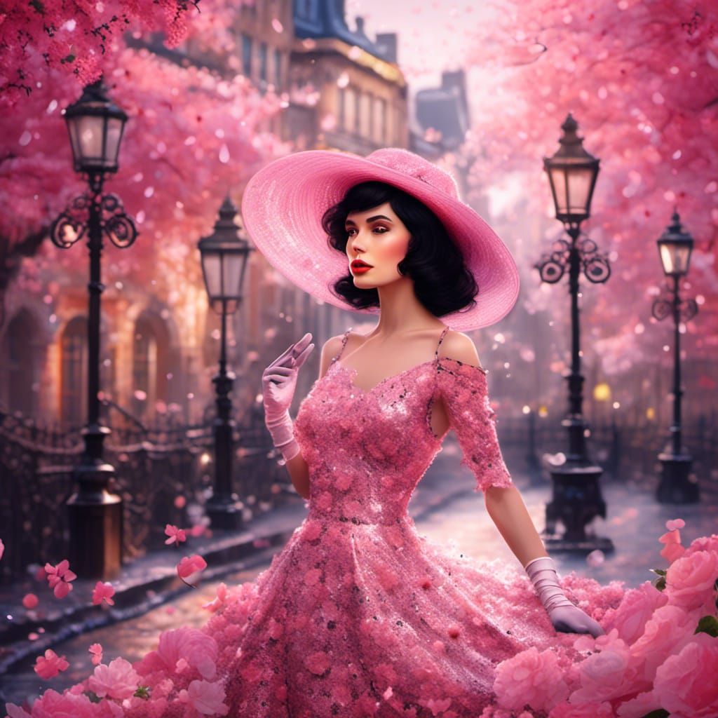 Ravishing Woman in Pink Dress Under Street Lantern