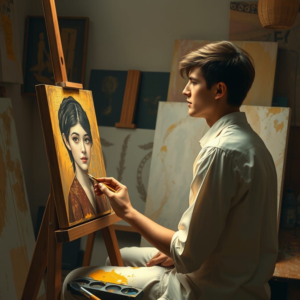 Sitting Artist Lost in Thought, Surrounded by Half-Finished ...