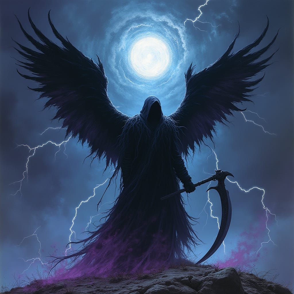 Winged Figure at Cosmic Vortex in Dark Fantasy Style