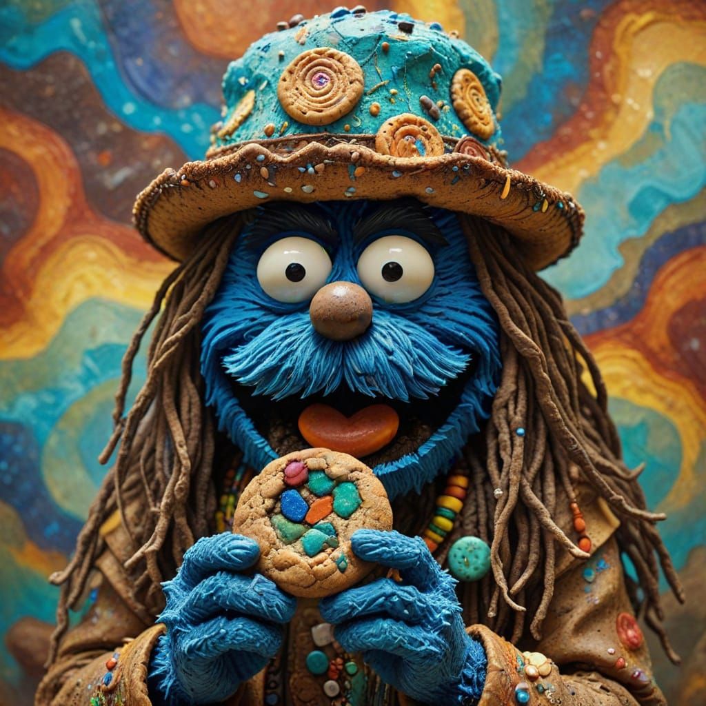 Rasta Cookie Monster Made of Pebbles Eating a Cookie