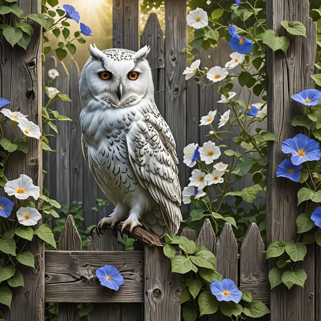 Morning Glory with White Owl on Wooden Fence