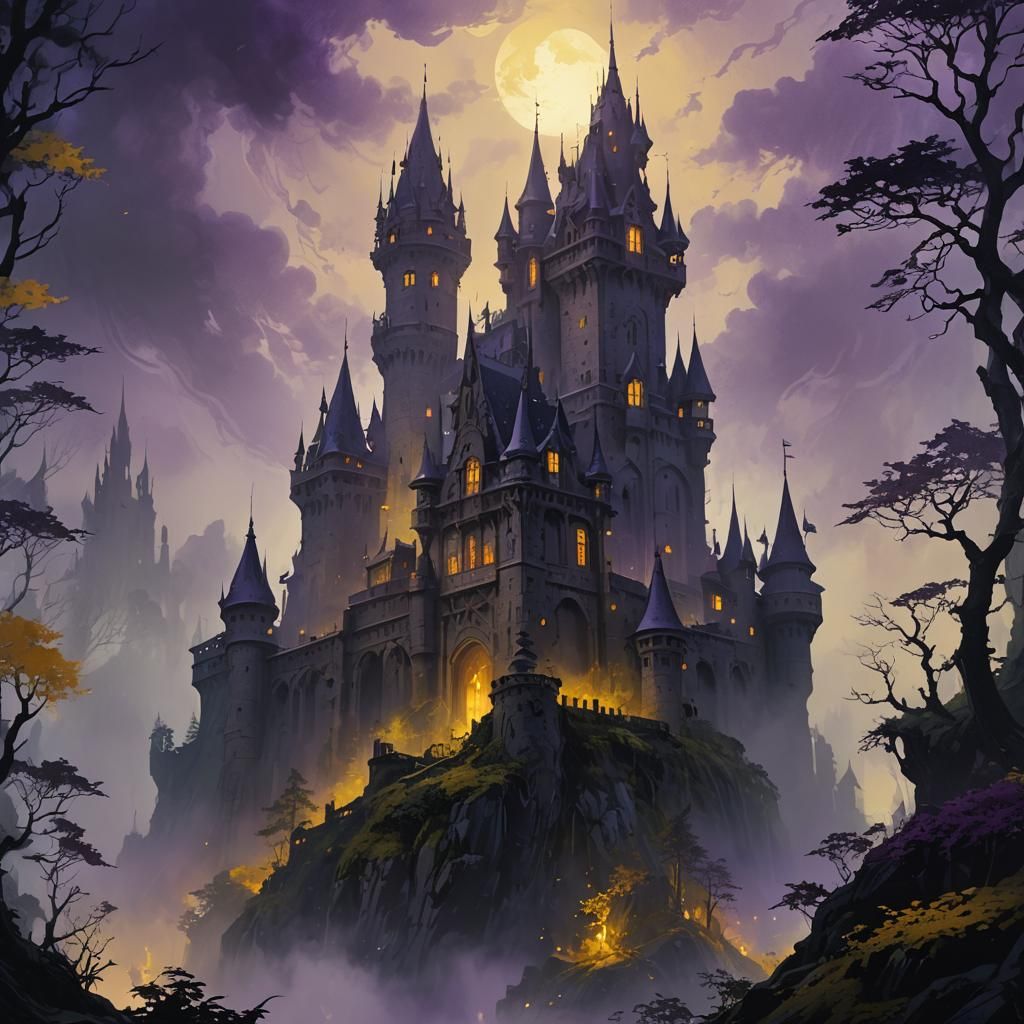 Foreboding Castle in Mystical Forest, Dark Fantasy Art