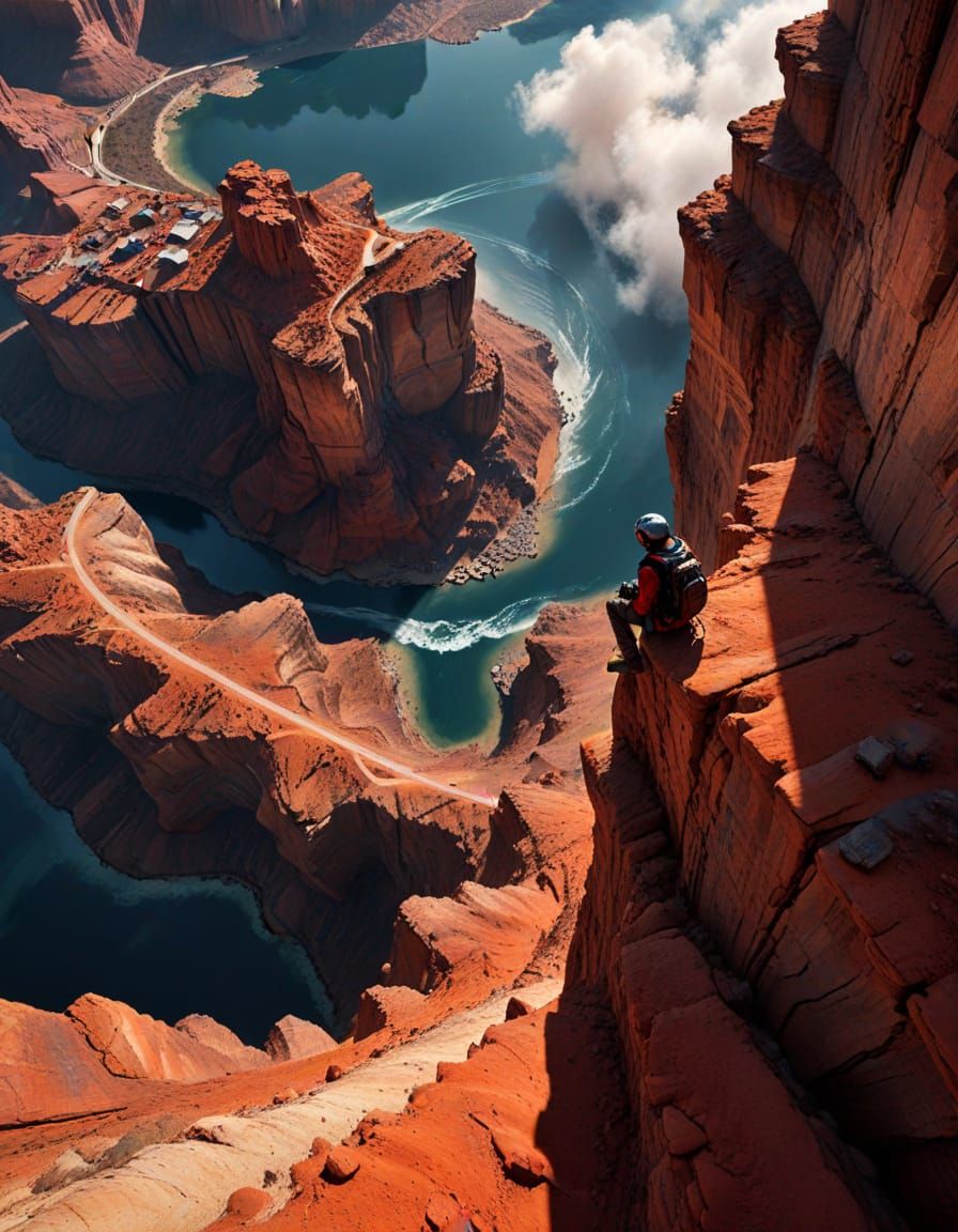 Breathtaking Aerial View of Backpacker on Cliff Edge