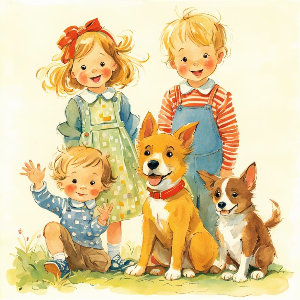 Toddler Siblings and Dog Illustration