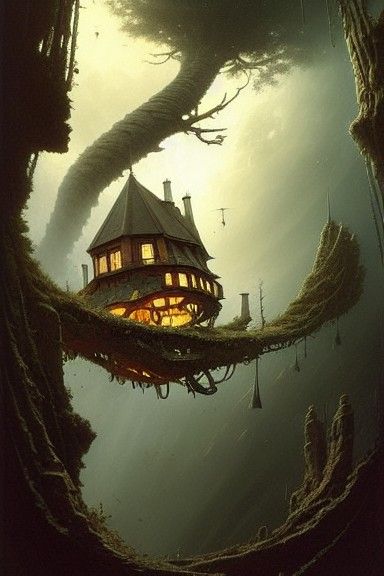 Surreal Treehouse Ascends in Dark Fantasy Style