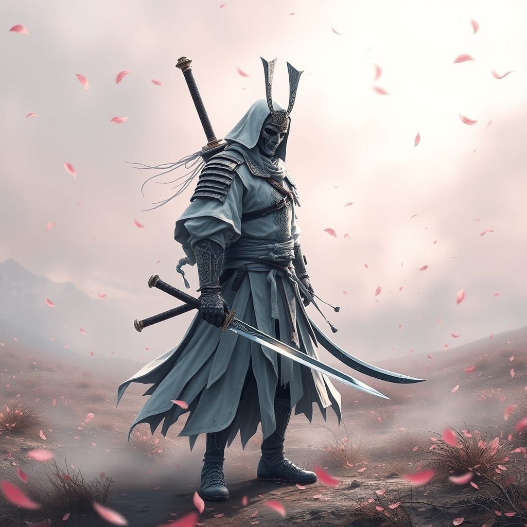 Spectral Samurai on Battlefield in Hyperrealistic Style
