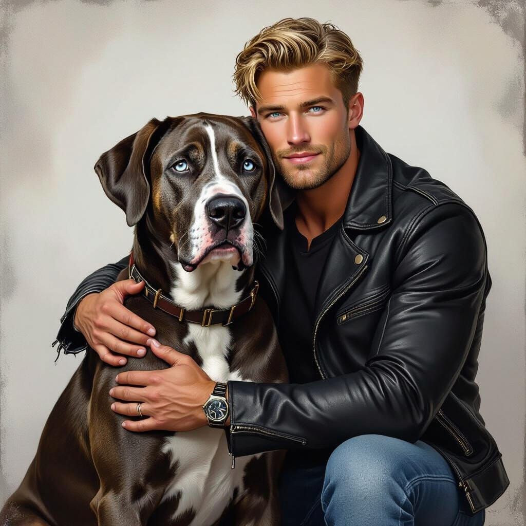 Man in Leather Jacket Affectionately Hugs Great Dane