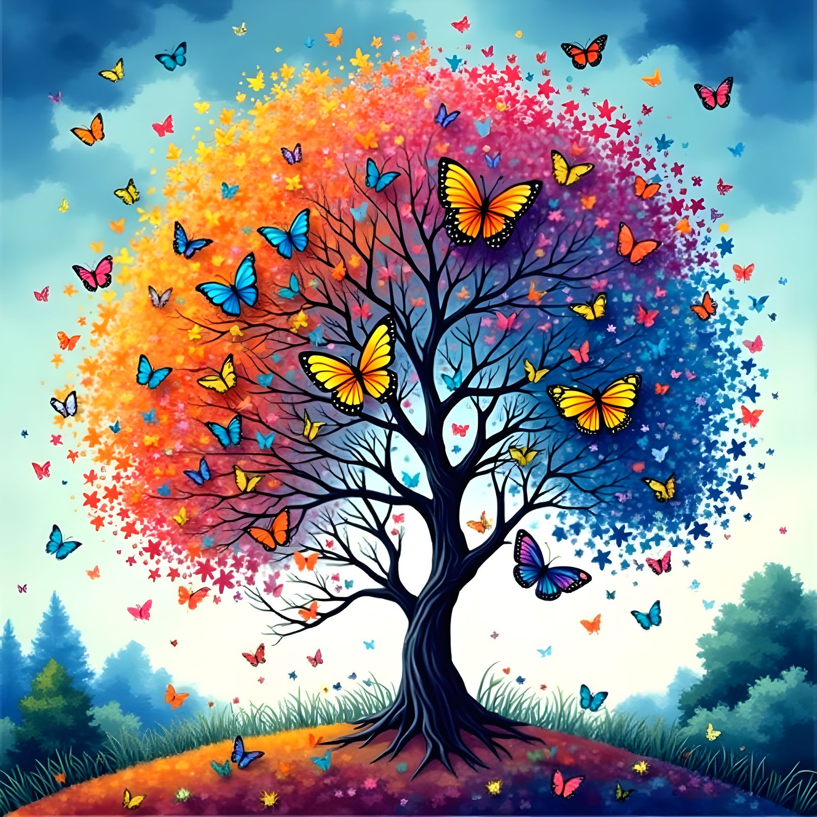 Vibrant Leafy Tree with Whimsical Wildlife