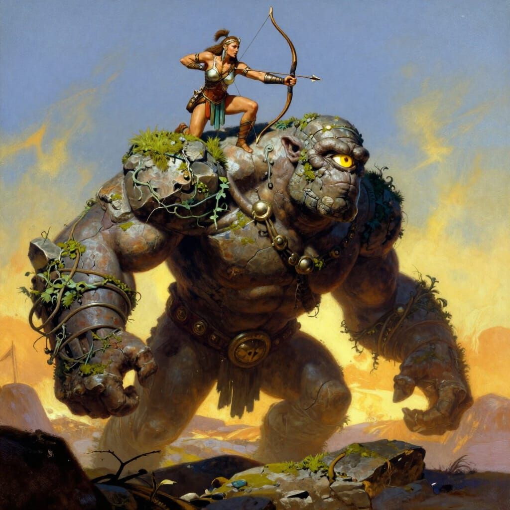 Cyclops with Amazon Warrior in Epic Fantasy Art Style