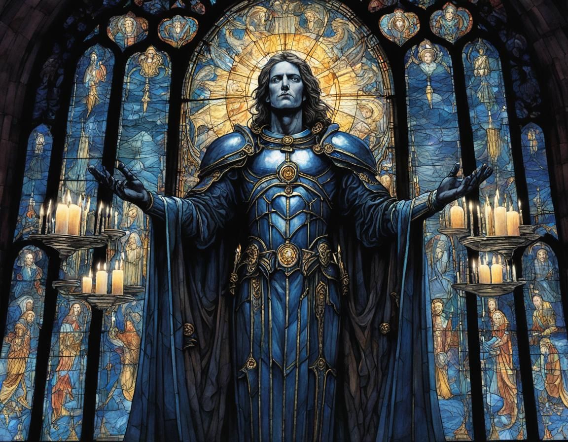 Armored Angel in Celestial Cathedral, Dark Fantasy Art