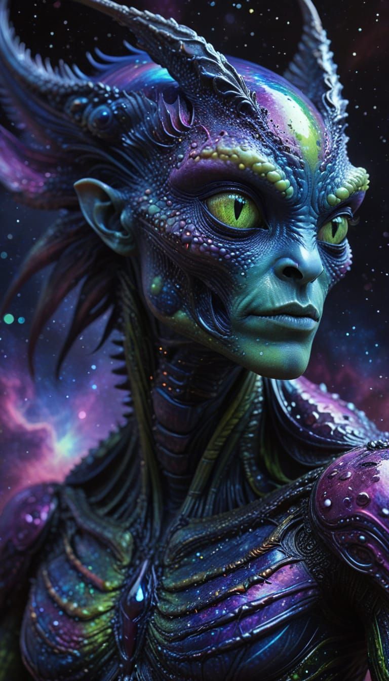 Iridescent Alien Creature Portrait in Baroque Style