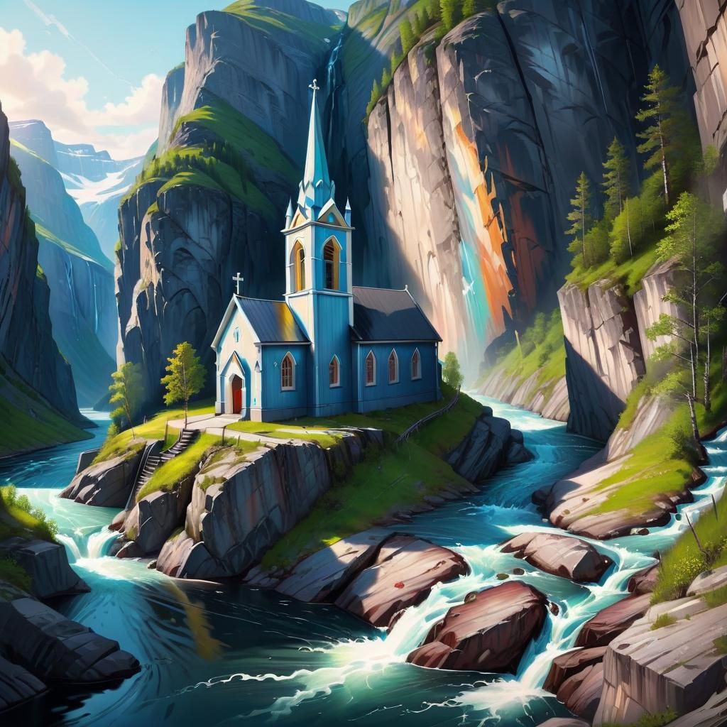 Swedish Canyon Fjord with River Church: Hyperrealistic Art