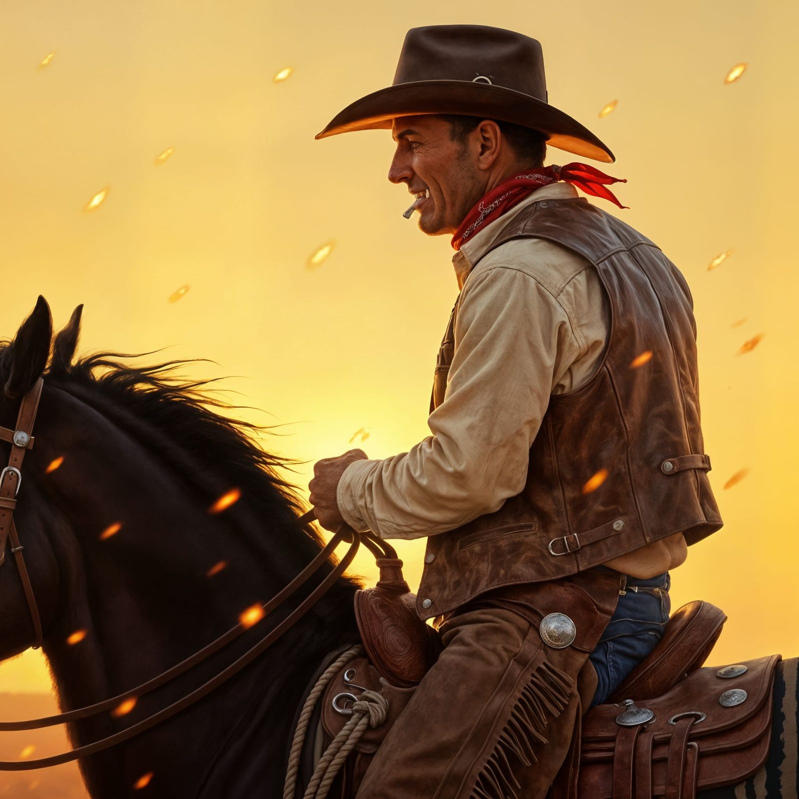 Rugged Cowboy Riding Horse at Golden Hour