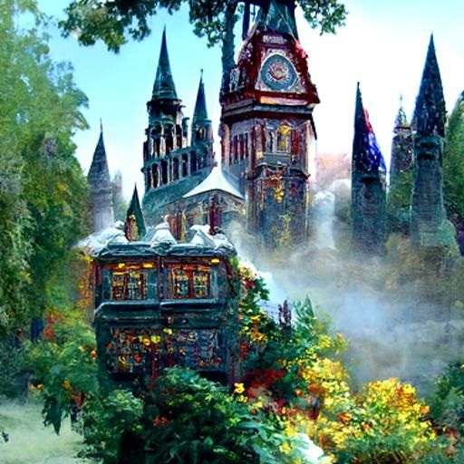 Ethereal Hogwarts Castle in a Misty Landscape