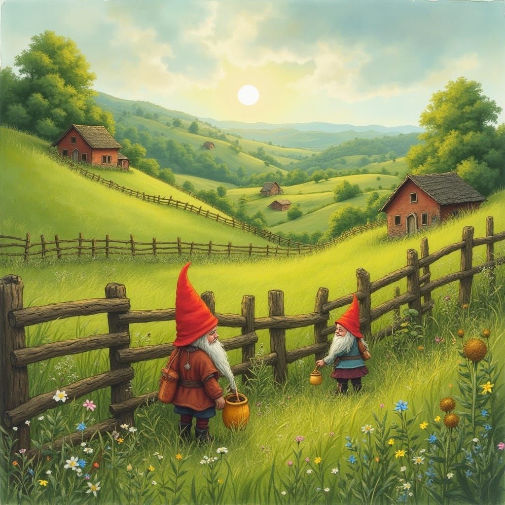 Gnomes in a Serene Watercolor Landscape