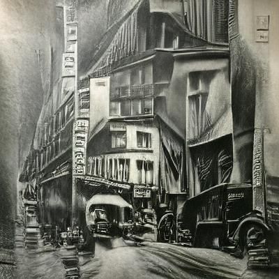 London Street Scene in 1930s: Charcoal Drawing