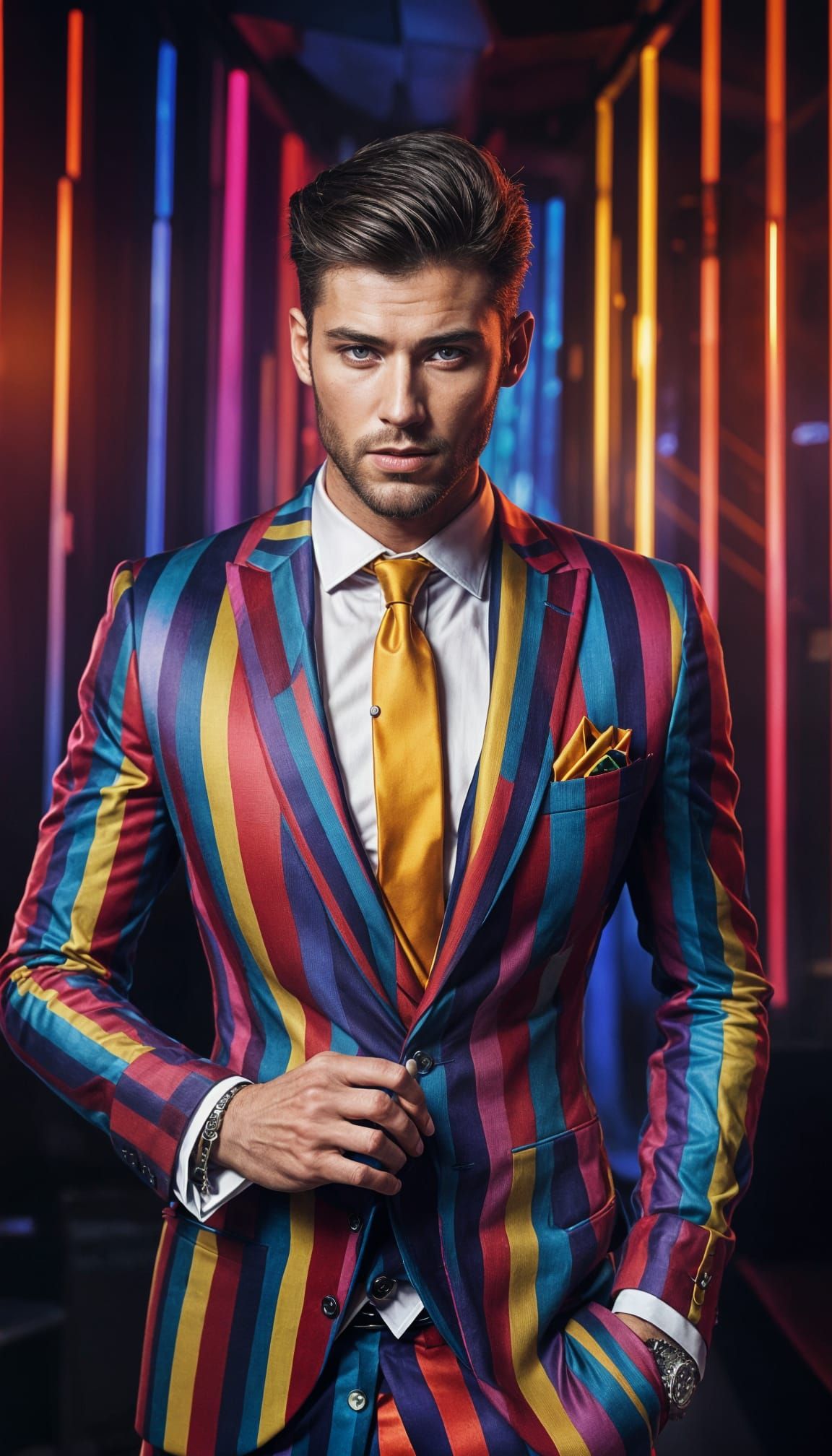 Elegant Man in Striped Suit in Modern Nightclub