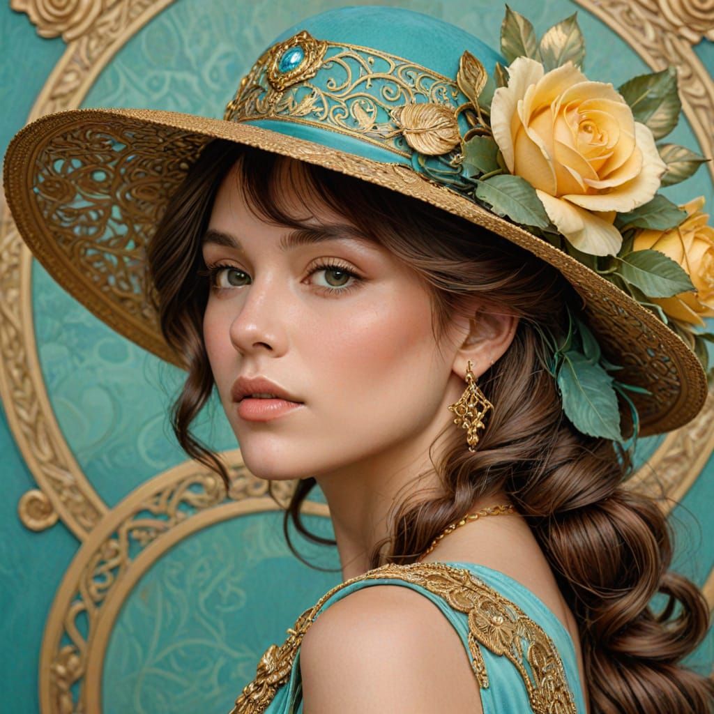 Art Nouveau Woman with Turquoise Hat and Roses